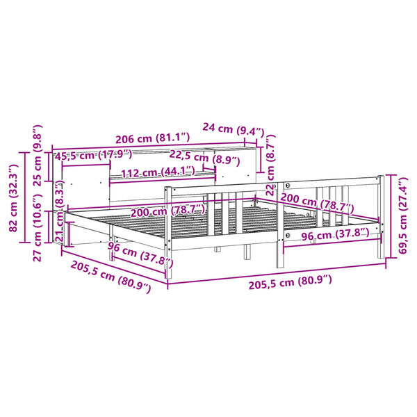 vidaXL Κρεβάτι Βιβλιοθήκη Χωρίς Στρώμα 200x200 εκ Μασίφ Ξύλο Πεύκου