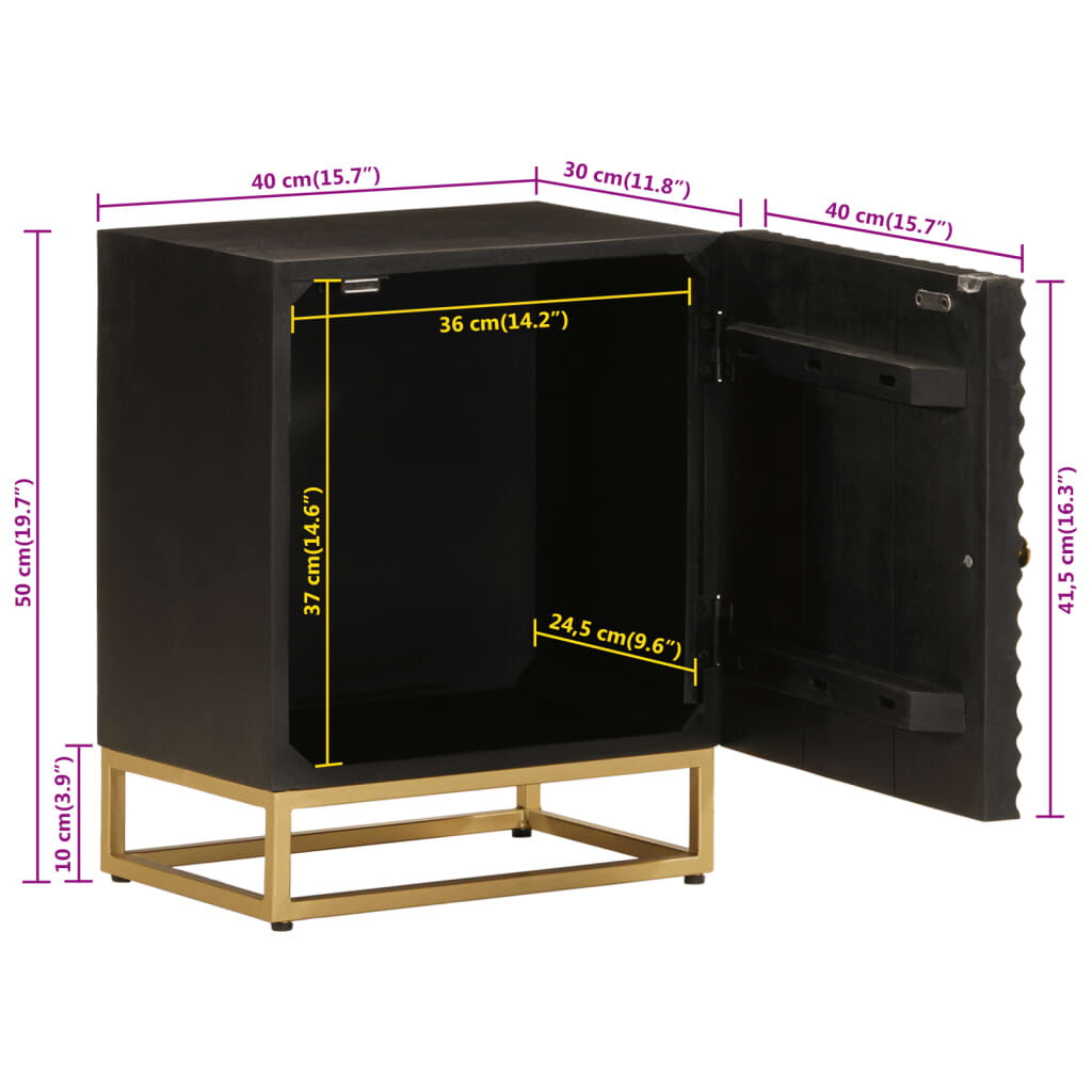 vidaXL Κομοδίνο Μαύρο 40x30x50 εκ. από Μασίφ Ξύλο Μάνγκο και Σίδερο