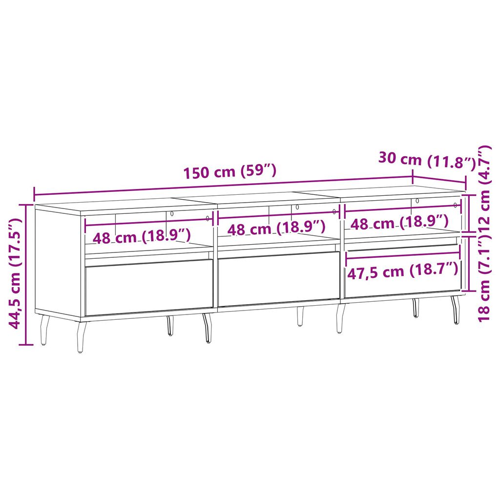 vidaXL Ντουλάπα τηλεόρασης Μαύρο Δρυς 150x30x44,5 εκ. Επεξεργασμένο ξύλο