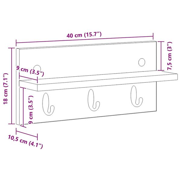 vidaXL Τοίχου Κρεμάστρα με ράφι Γκρι sonoma 40 x 10.5 x 18 εκ