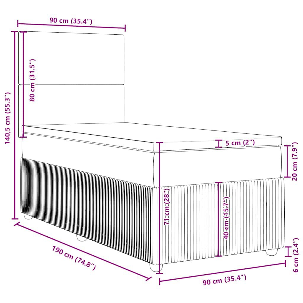 vidaXL Κρεβάτι Boxspring με Στρώμα Μαύρο 90x190 εκ.Υφασμάτινο
