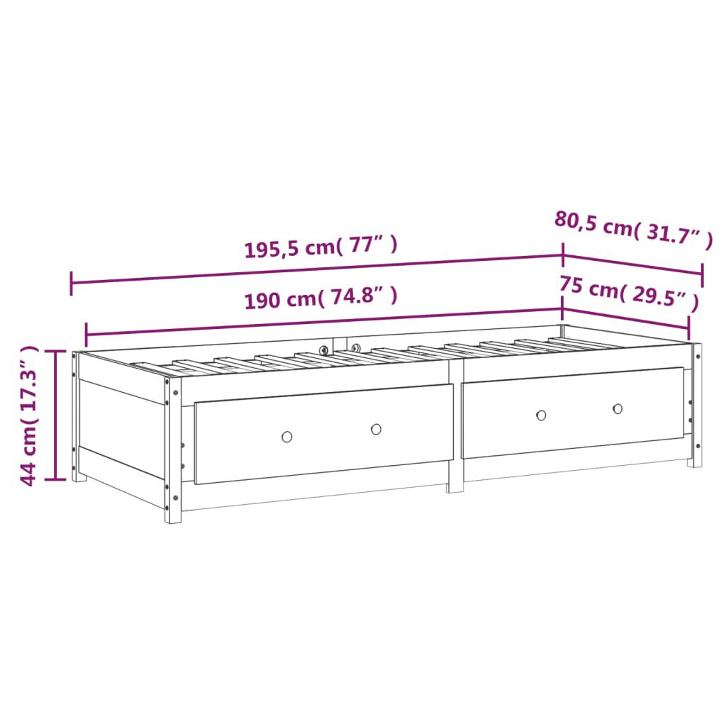 vidaXL Κρεβάτι LED Μαύρο 75x190 εκ Μασίφ Ξύλο Πεύκου Small Single