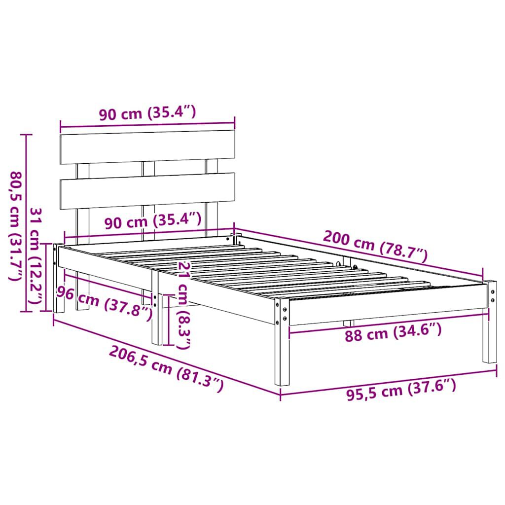 vidaXL Σκελετός Κρεβατιού Καφέ 90 x 200 cm Μασίφ ξύλο πεύκου