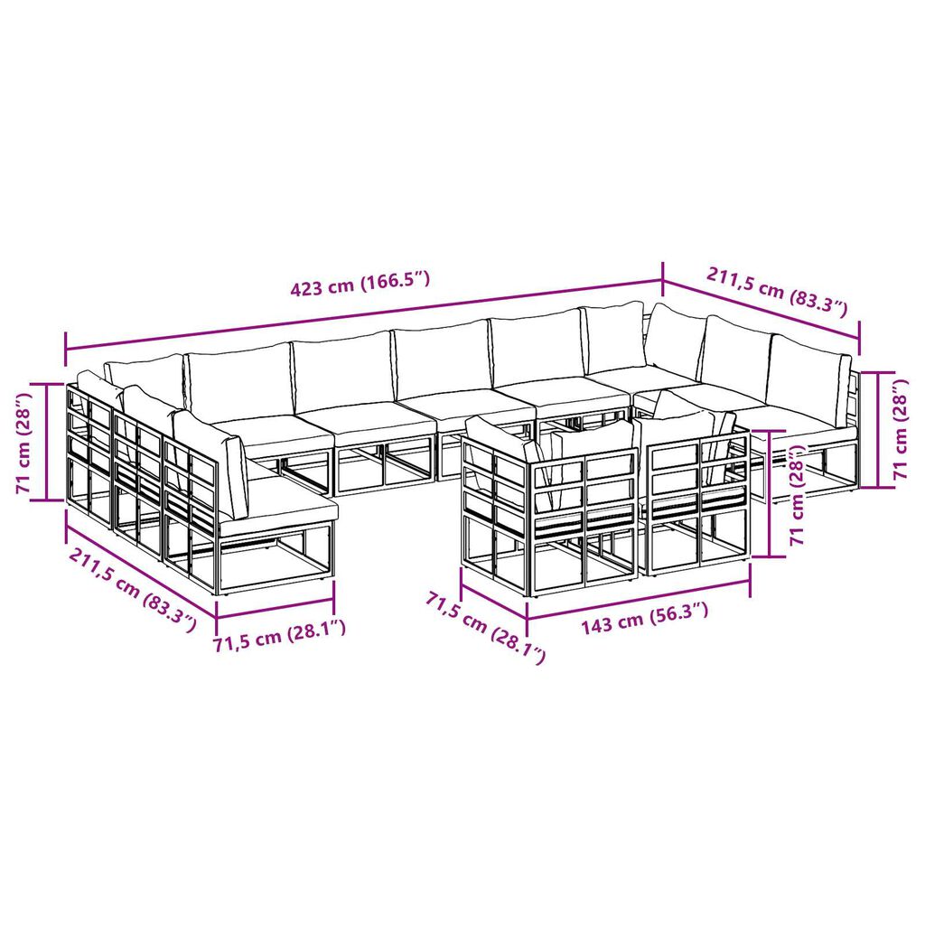 vidaXL Σετ Καναπέ Κήπου 12 pcs Μαύρο 423 x 211.5 x 71 εκ Αλουμίνιο