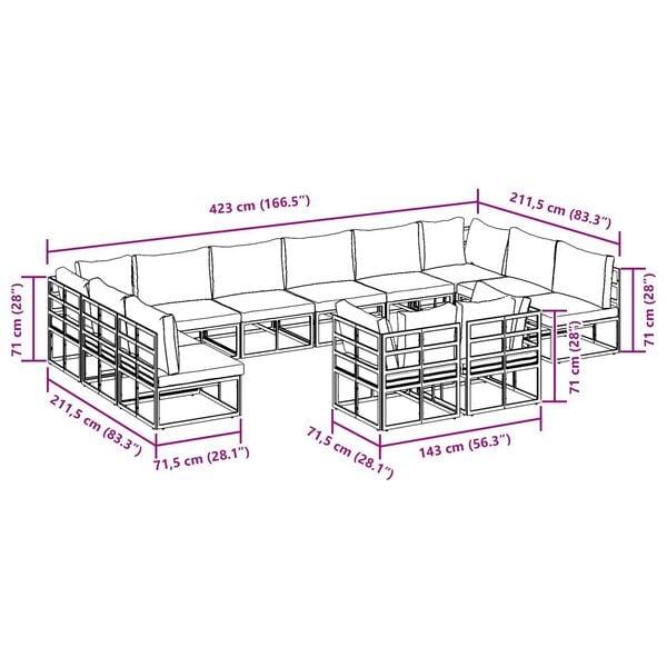 vidaXL Σετ Καναπέ Κήπου 12 pcs Μαύρο 423 x 211.5 x 71 εκ Αλουμίνιο