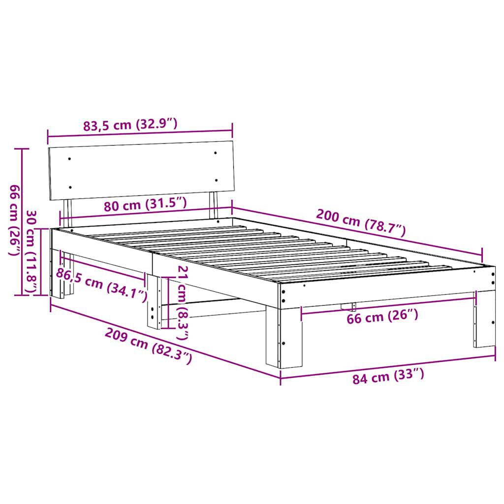 vidaXL Σκελετός Κρεβατιού Καφέ 80 x 200 cm Μασίφ ξύλο πεύκου