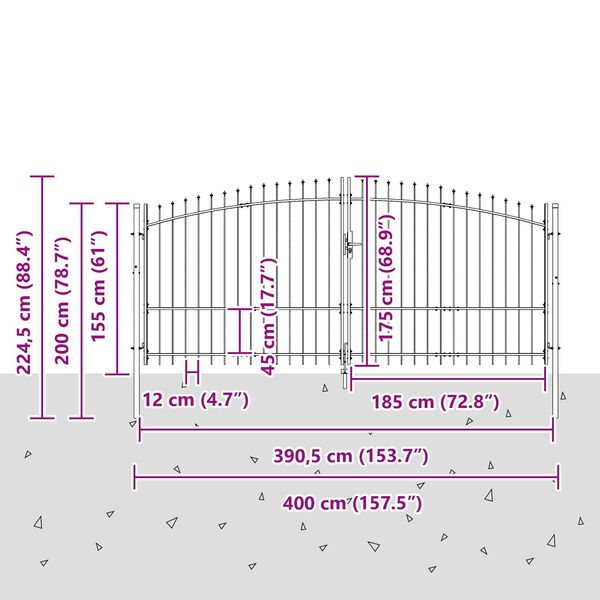 vidaXL Πύλη Κήπου με κλειδαριά Γκρι 175 x 400 εκ Ατσάλι