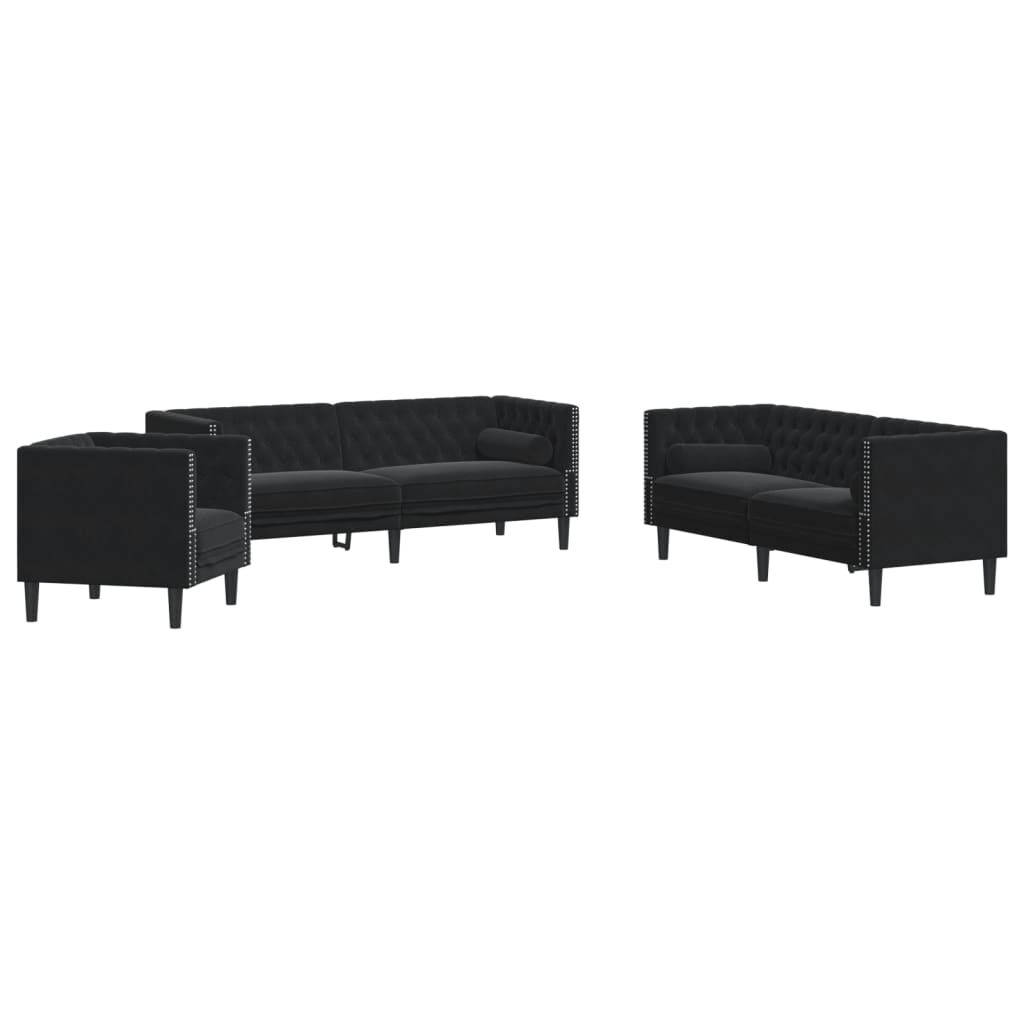 vidaXL Καναπές Chesterfield Σετ 3 Τεμ. με Στηρίγματα Μαύρο Βελούδο