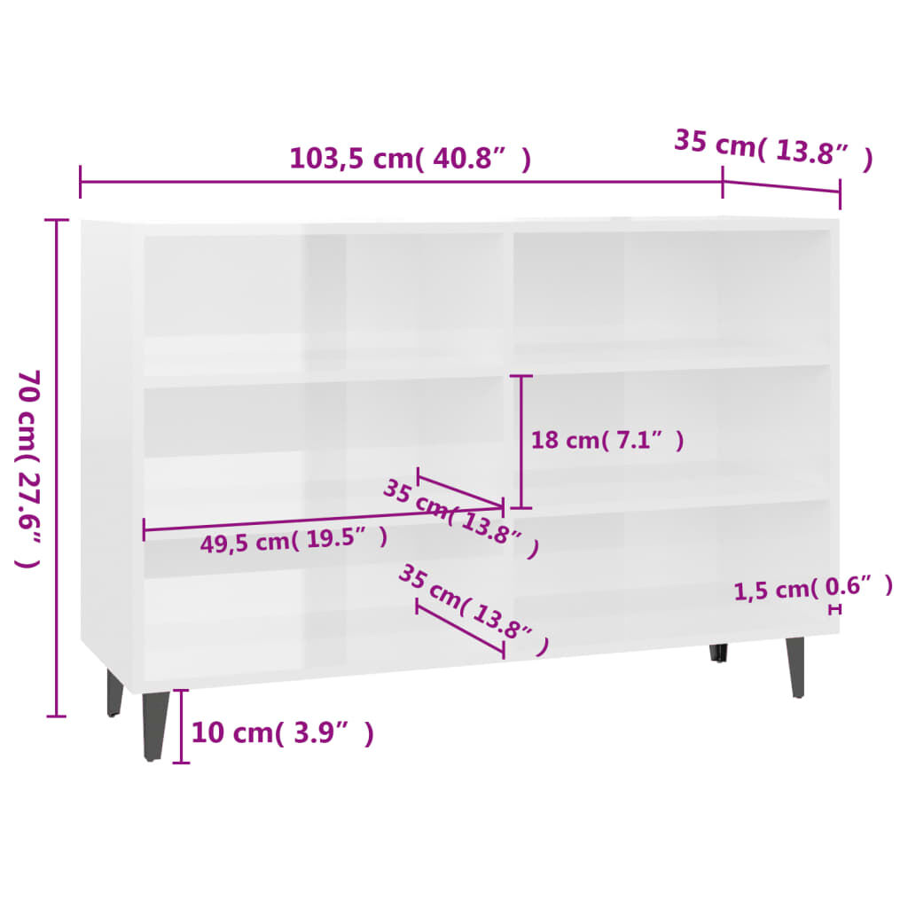 vidaXL Ραφιέρα Γυαλιστερή Λευκή 103,5 x 35 x 70 εκ. από Επεξεργ. Ξύλο