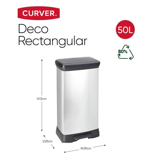 Curver Κάδος Απορριμμάτων με Πεντάλ Deco Ασημί Ορθογώνιος 50 Λίτρων