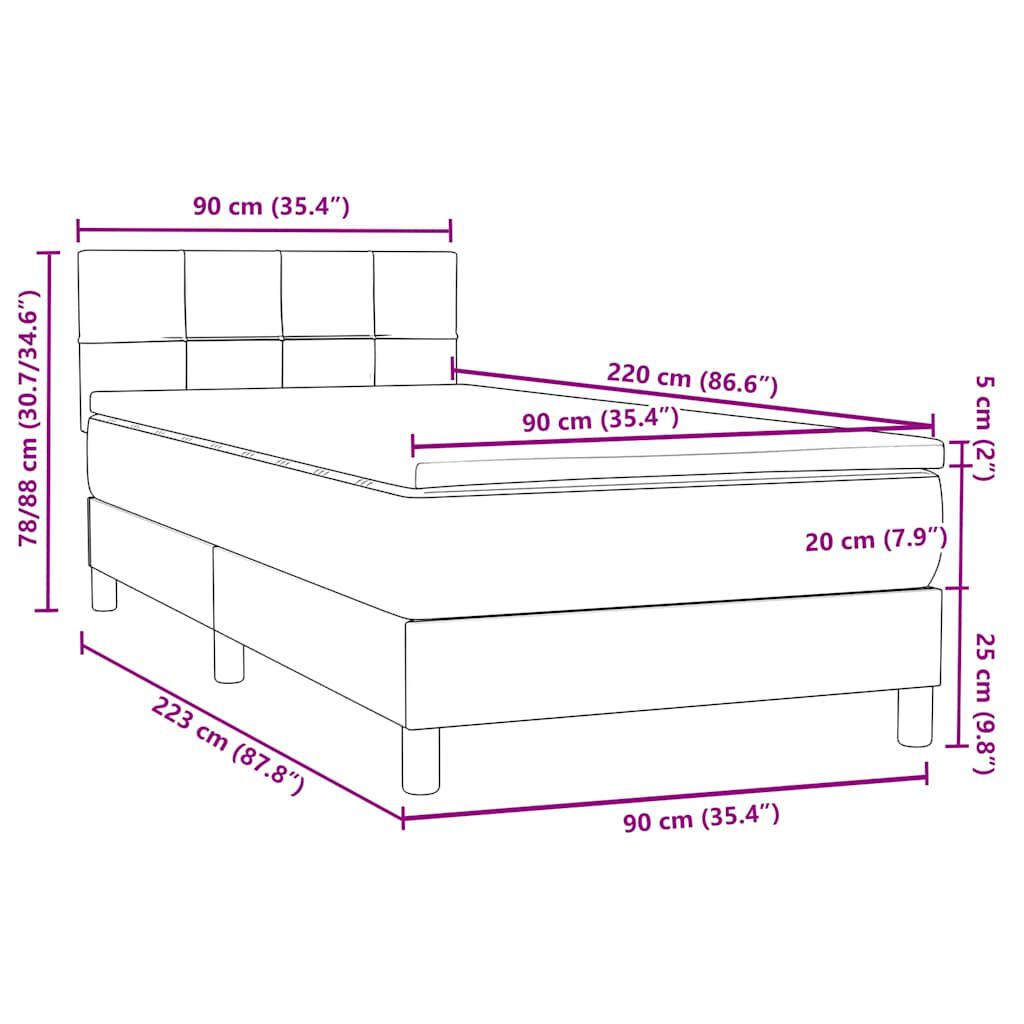 vidaXL Κρεβάτι Boxspring με Στρώμα Σκούρο Γκρι 90x220 εκ. Βελούδινο