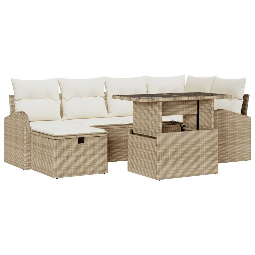 vidaXL Σετ Καναπέ Κήπου με μαξιλάρι 7 pcs Μπεζ Πολυ ράταν