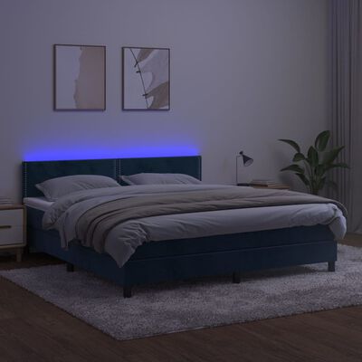 vidaXL Κρεβάτι Boxspring με Στρώμα & LED Σκ. Μπλε 160x200εκ. Βελούδινο