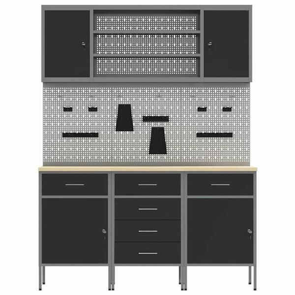 vidaXL Πάγκος εργασίας με συρτάρι 7 pcs Μαύρο 150 x 55 x 200 εκ Ατσάλι
