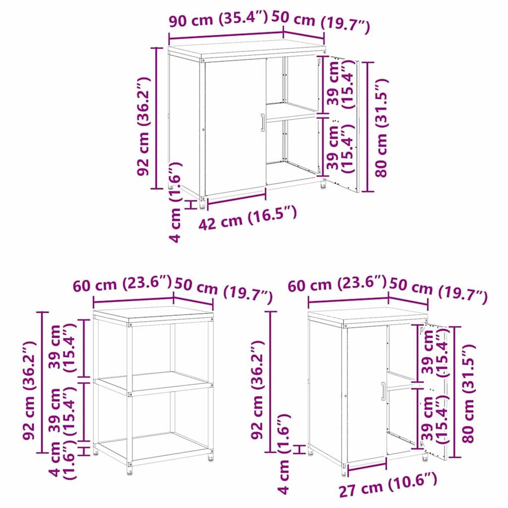 vidaXL Σετ Αποθήκευσης Κουζίνας με ράφι 3 pcs Ασημί 210 x 50 x 92 εκ