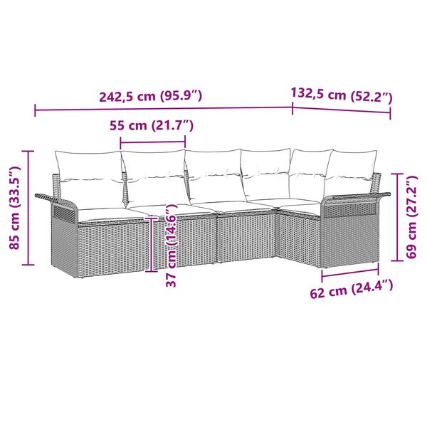 vidaXL Σετ Καναπέ Κήπου 5 pcs 242.5 x 132.5 x 85 εκ. Πολυ ράταν