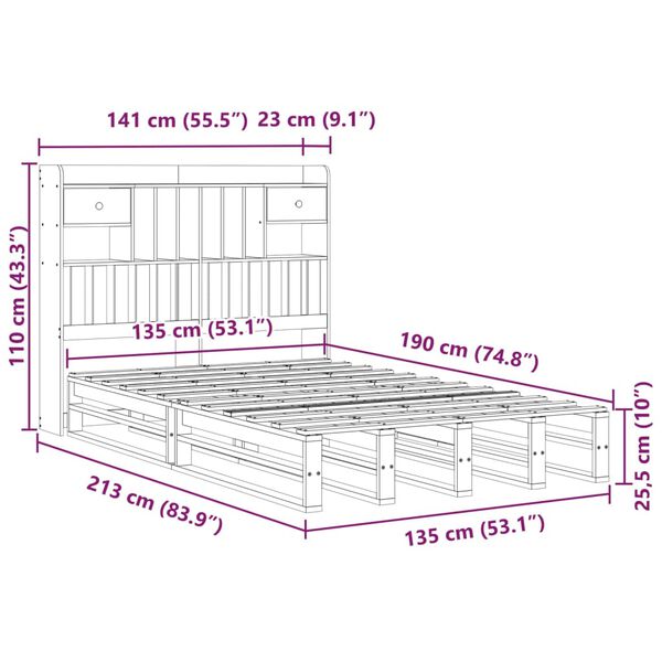 vidaXL Κρεβάτι Βιβλιοθήκη Χωρίς Στρώμα 135x190 εκ Μασίφ Ξύλο Πεύκου