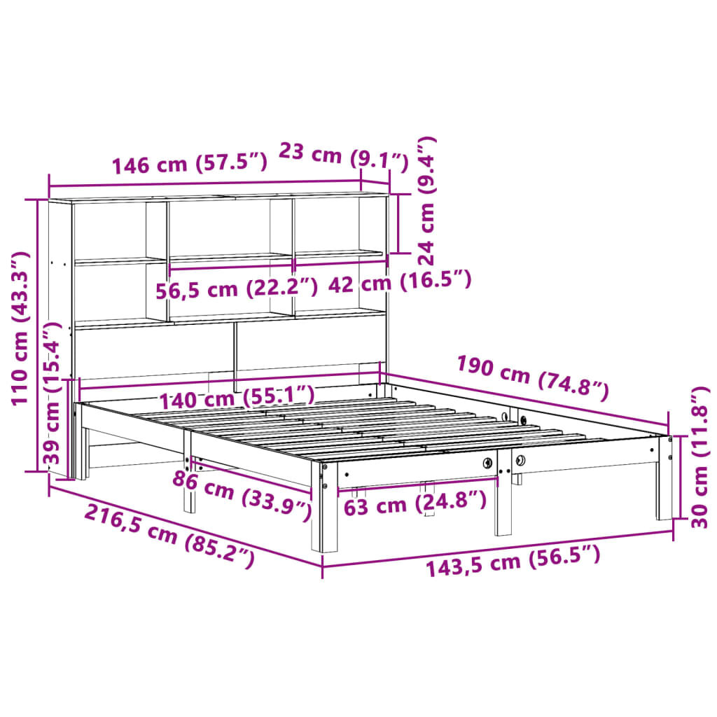 vidaXL Κρεβάτι Βιβλιοθήκη Χωρίς Στρώμα 140x190 εκ Μασίφ Ξύλο Πεύκου