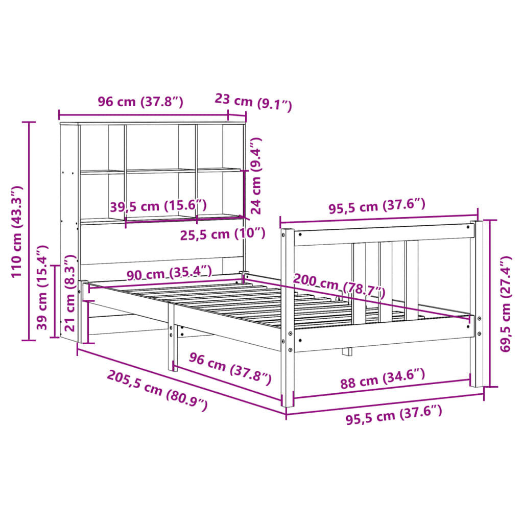 vidaXL Κρεβάτι Βιβλιοθήκη Χωρίς Στρώμα 90x200 εκ Μασίφ Ξύλο Πεύκου