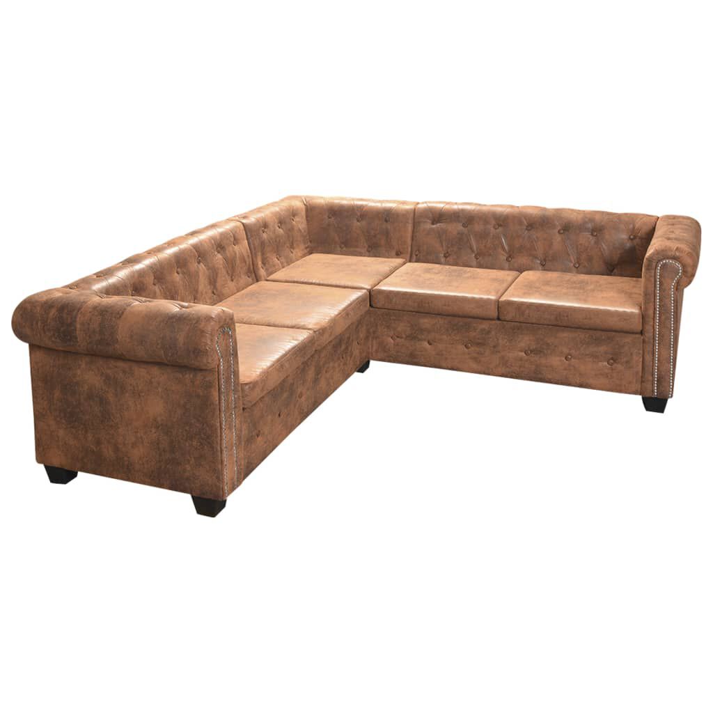 vidaXL Γωνιακός Καναπές Chesterfield 5 Θέσεων Καφέ από Συνθετικό Δέρμα