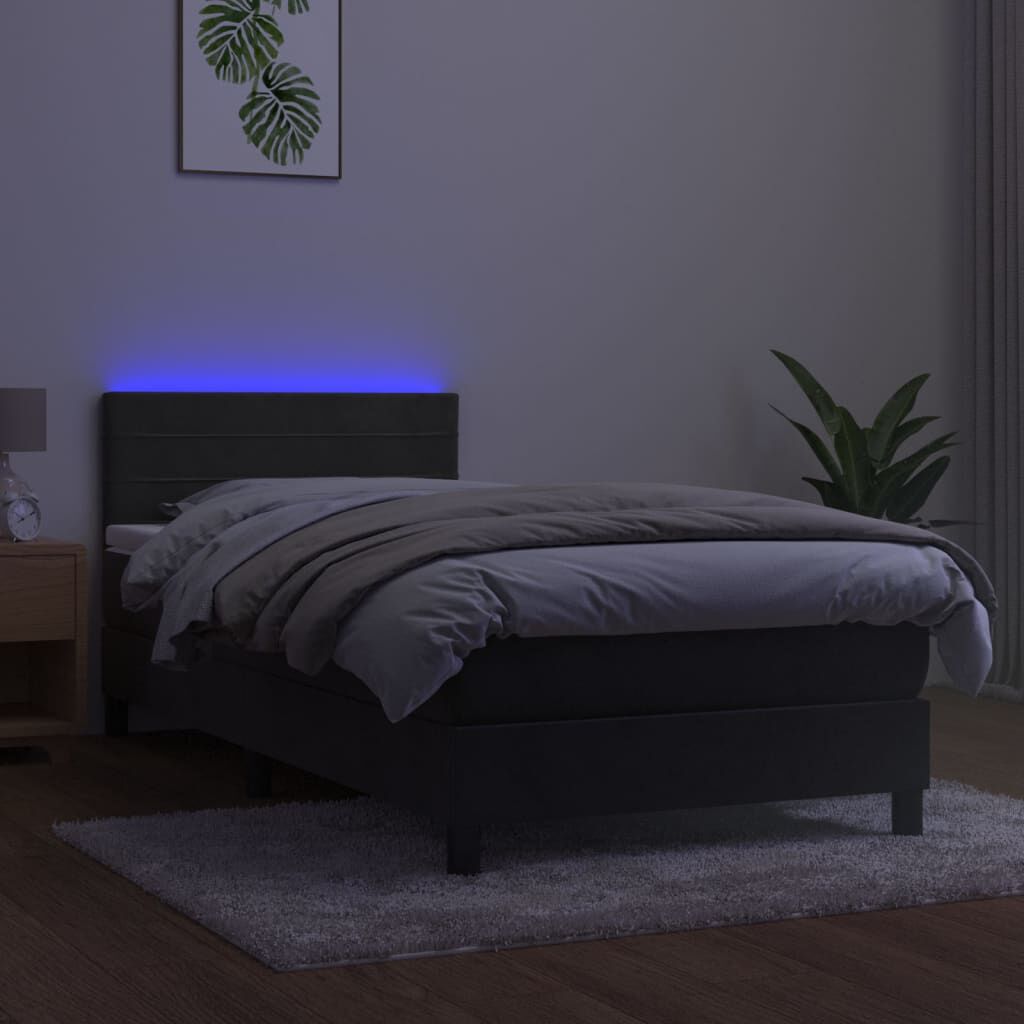 vidaXL Κρεβάτι Boxspring με Στρώμα & LED Σκ. Γκρι 90x200 εκ. Βελούδινο