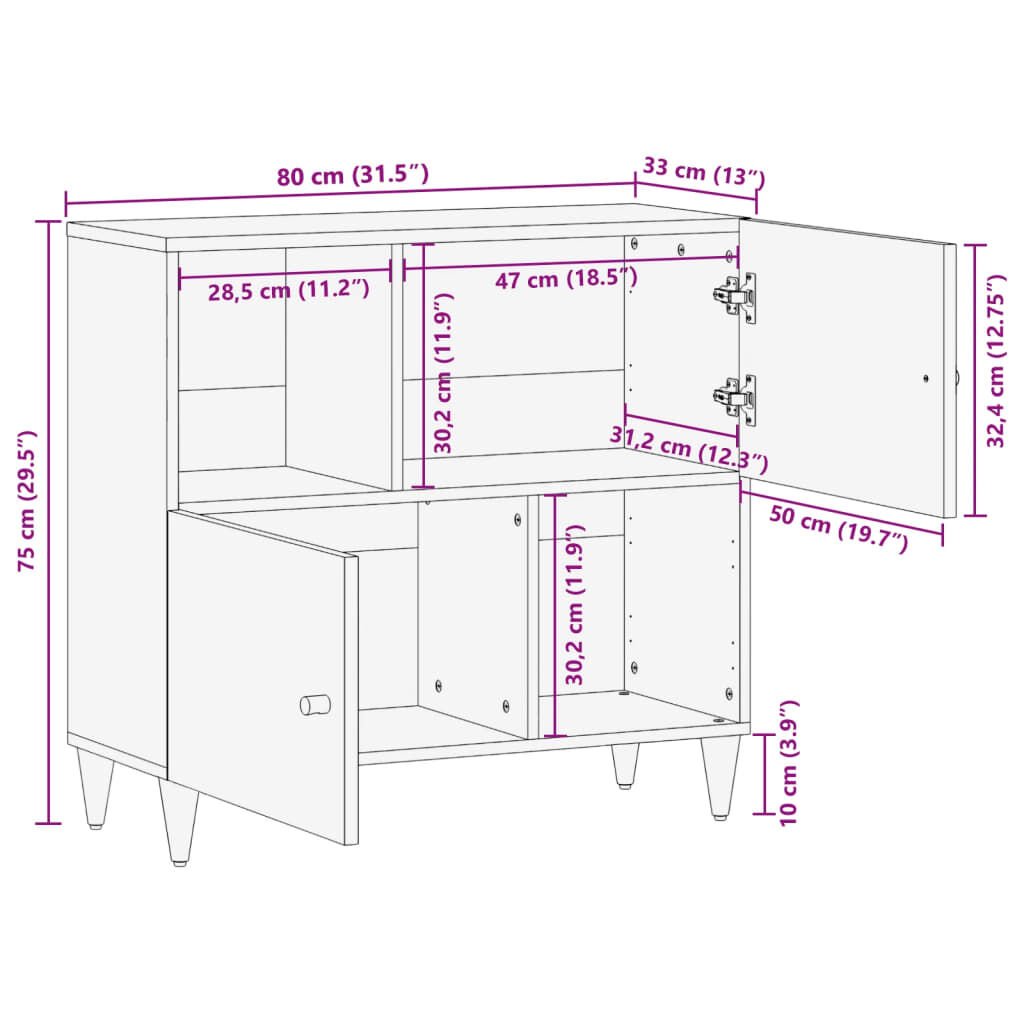 vidaXL Βοηθητικό Ντουλάπι 80 x 33 x 75 εκ. από Μασίφ Ξύλο Μάνγκο