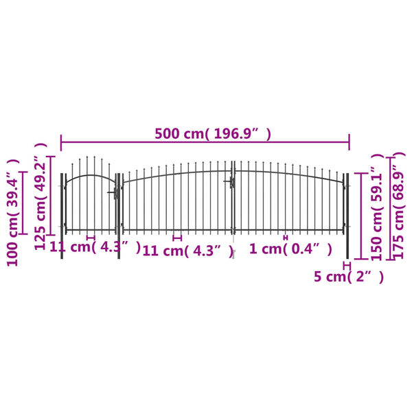 vidaXL Καγκελόπορτα με Λόγχες Μαύρη 5 x 1,75 μ.