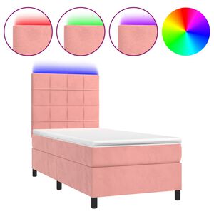 vidaXL Κρεβάτι Boxspring με Στρώμα & LED Ροζ 90x200 εκ. Βελούδινο