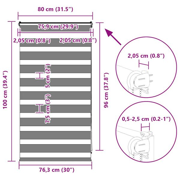 vidaXL Ζέβρα τυφλή Σκούρο Γκρι Πλάτος υφάσματος 75,9 εκ. Πολυεστέρας
