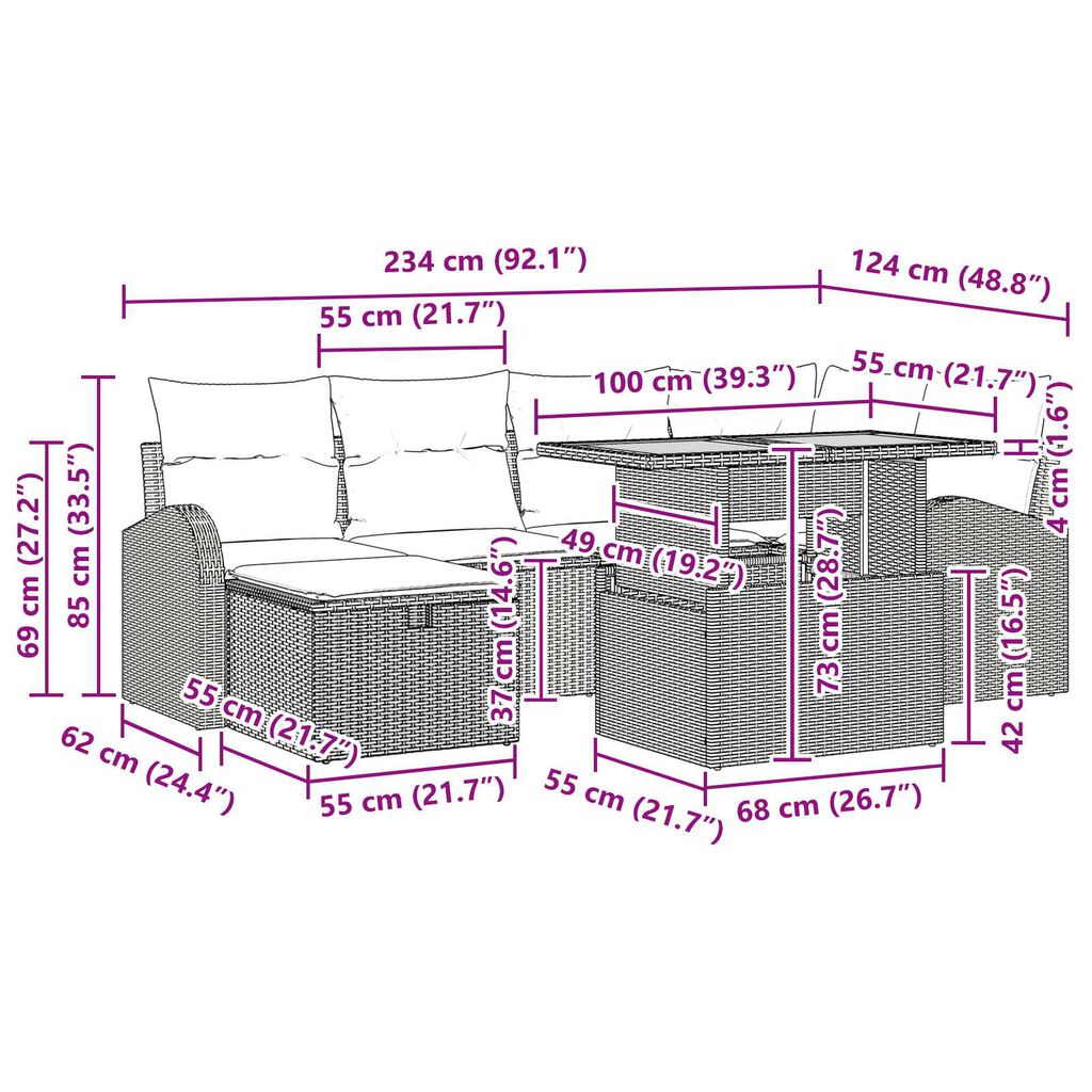 vidaXL Σετ Καναπέ Κήπου με μαξιλάρι 7 pcs Μαύρο Πολυ ράταν