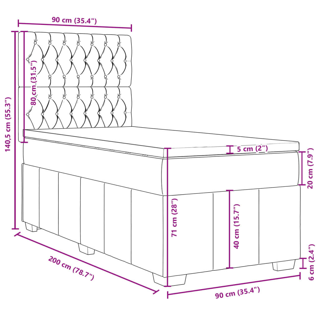 vidaXL Κρεβάτι Boxspring με Στρώμα Κρεμ 90x200 εκ.Υφασμάτινο