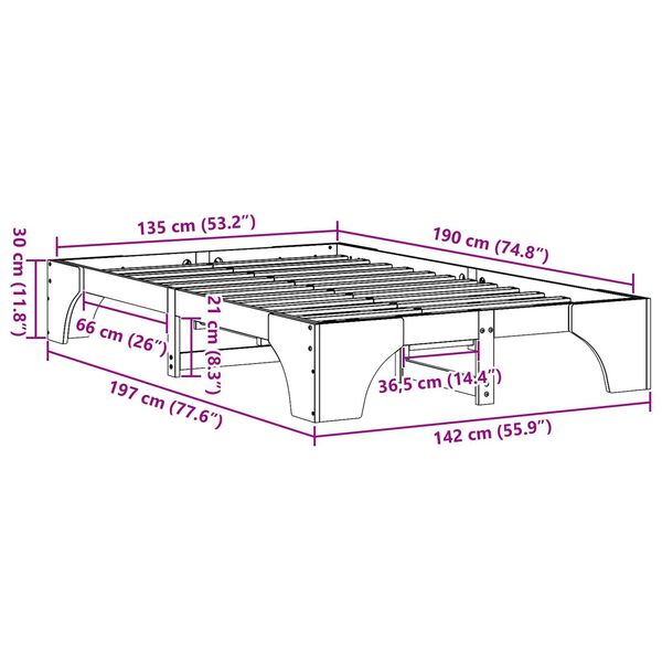 vidaXL Κρεβάτι Φυσικό Μασίφ ξύλο πεύκου 135 x 190 εκ. Ανθεκτικό