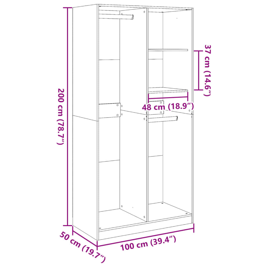 vidaXL Ντουλάπα Μαύρη 100x50x200 εκ. από Επεξεργασμένο Ξύλο