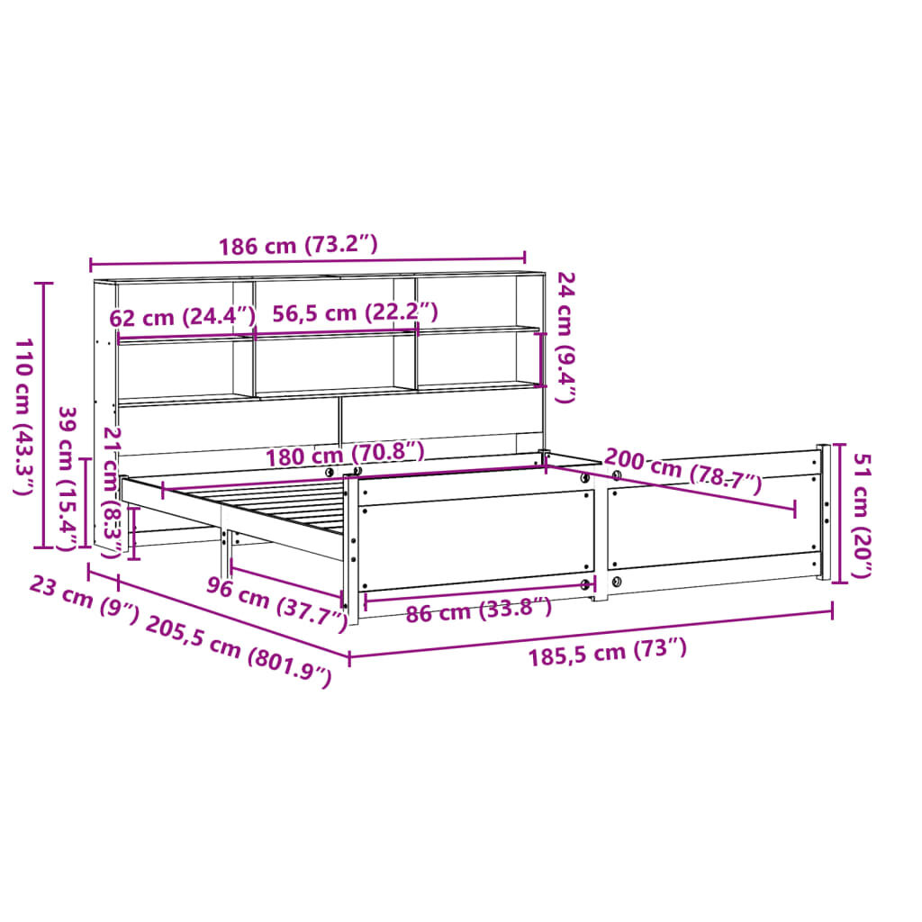 vidaXL Κρεβάτι Βιβλιοθήκη Χωρίς Στρώμα 180x200 εκ Μασίφ Ξύλο Πεύκου