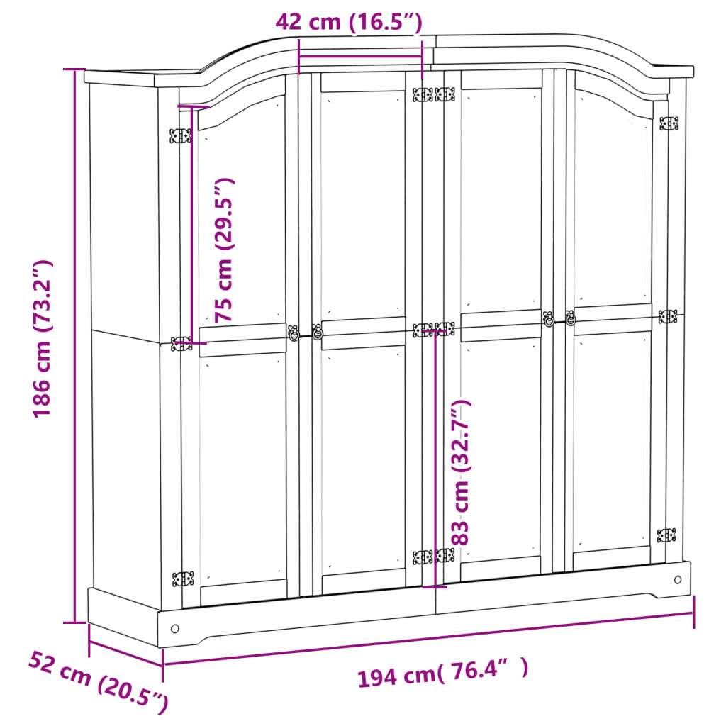 vidaXL Ντουλάπα Corona Λευκό 194x52x186 εκ. από Μασίφ Ξύλο Πεύκου
