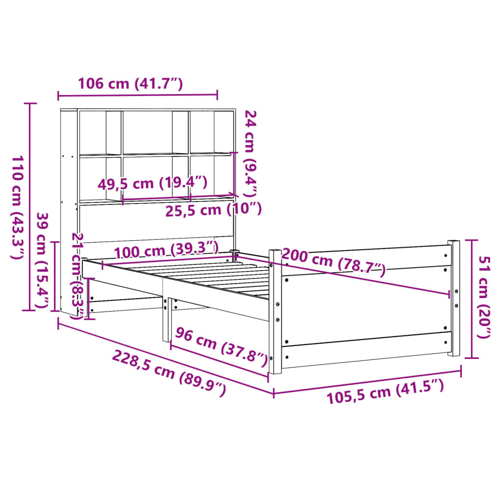 vidaXL Κρεβάτι Βιβλιοθήκη Χωρίς Στρώμα 100x200 εκ Μασίφ Ξύλο Πεύκου