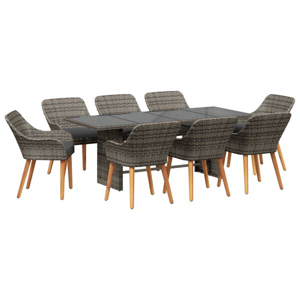 vidaXL Σέτ φαγητού για κήπο με μαξιλάρι 9 pcs Γκρι συνθετικό ρατάν