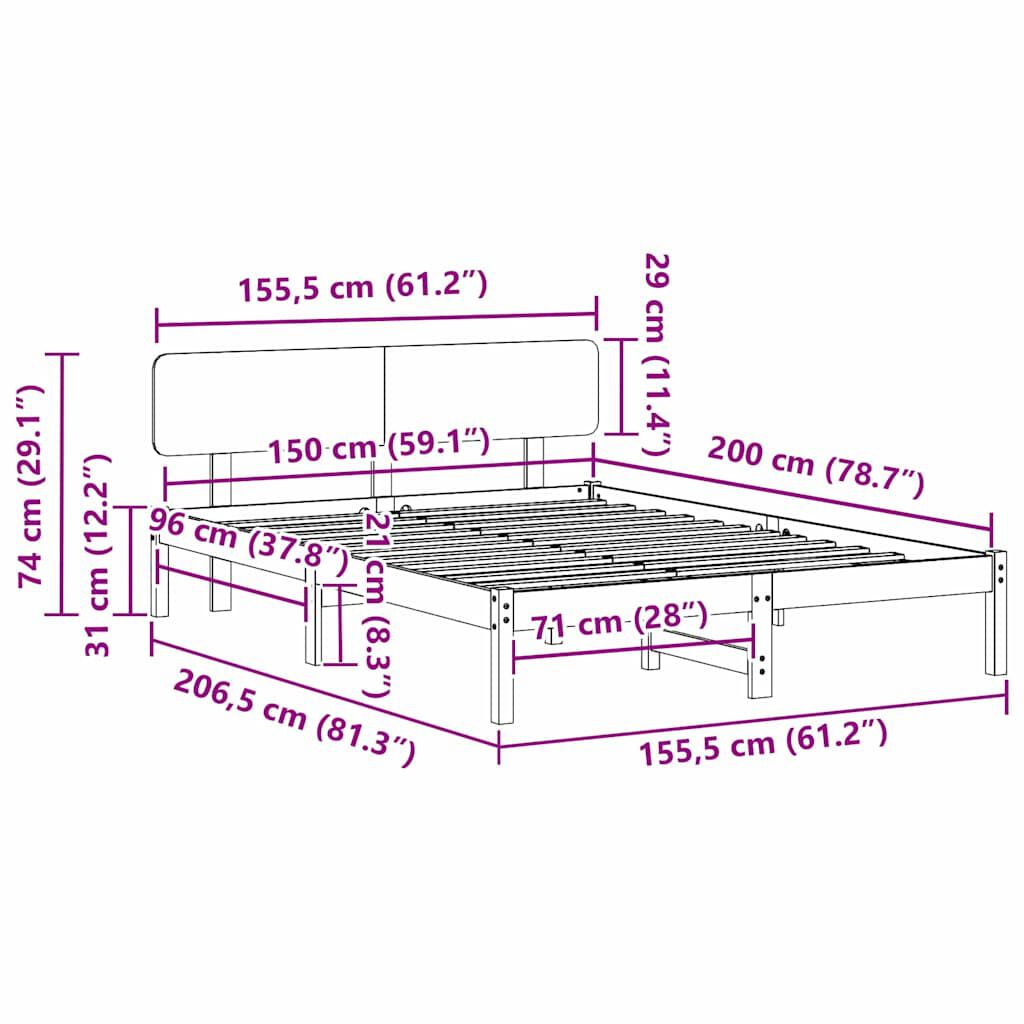 vidaXL Σκελετός Κρεβατιού Φυσικό 150 x 200 cm Μασίφ ξύλο πεύκου