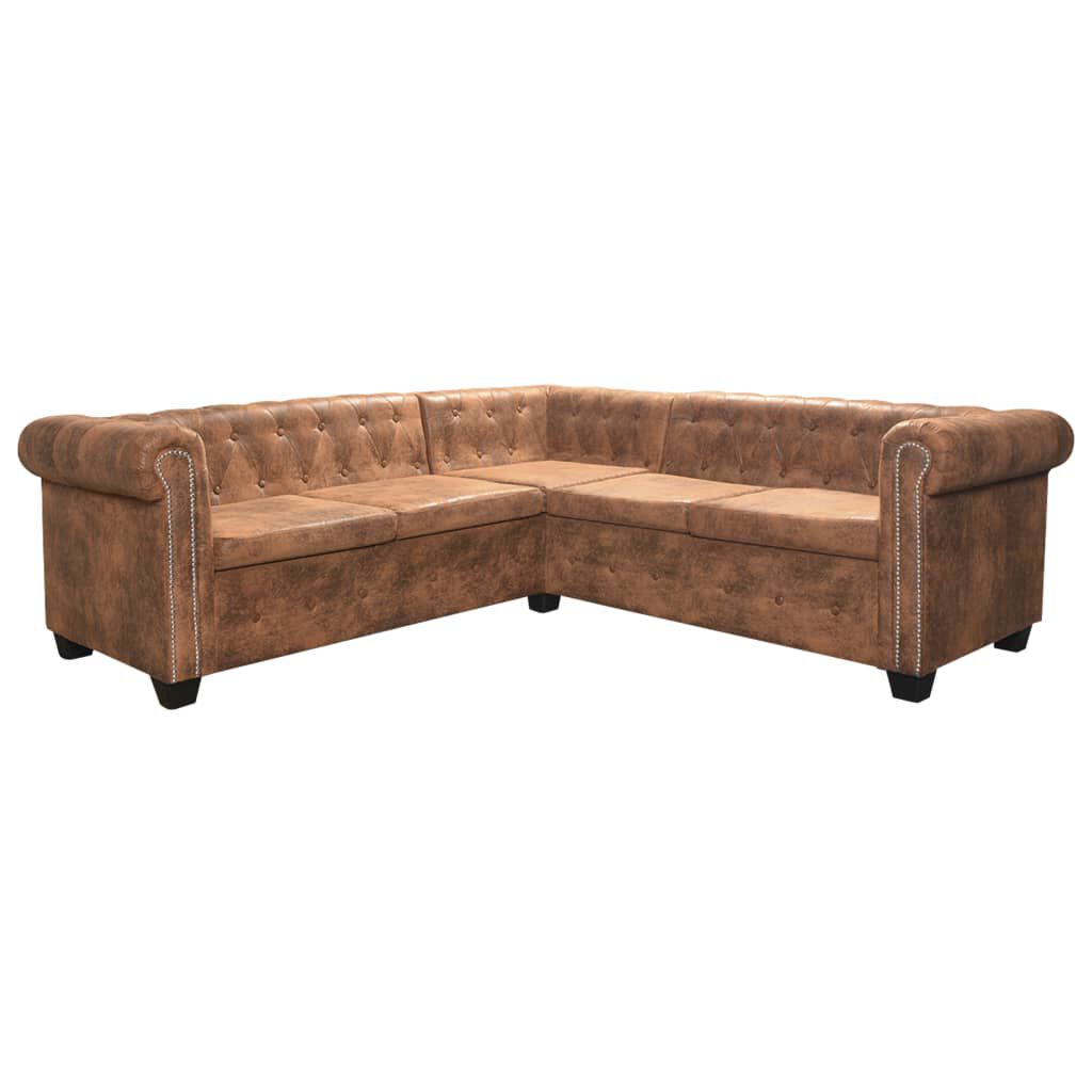 vidaXL Γωνιακός Καναπές Chesterfield 5 Θέσεων Καφέ από Συνθετικό Δέρμα