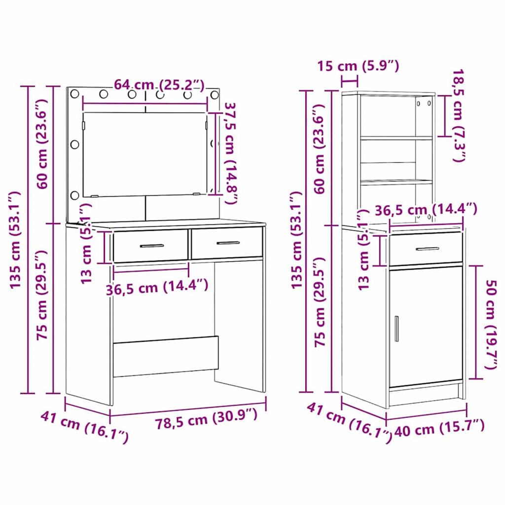 vidaXL Σετ Τραπεζιού Μακιγιάζ 3 pcs Καπνιστό Δρύς 78.5 x 41 x 135 εκ