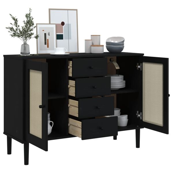 vidaXL Μπουφές SENJA Μαύρο / Ρατάν 112 x 40 x 80 εκ. Μασίφ Ξύλο Πεύκου