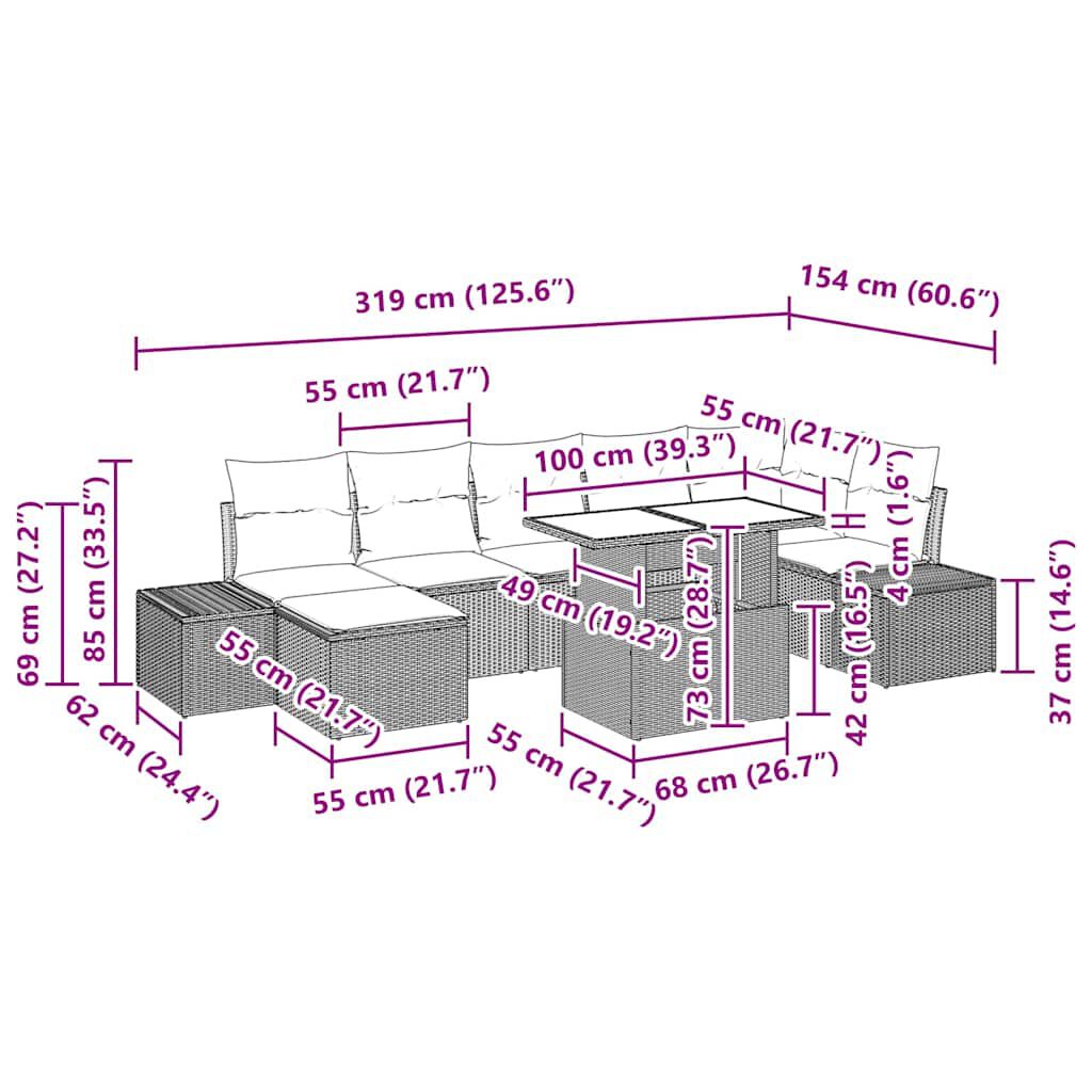 vidaXL Σετ Καναπέ Κήπου με αποθήκευση 8 pcs Γκρι Πολυ ράταν