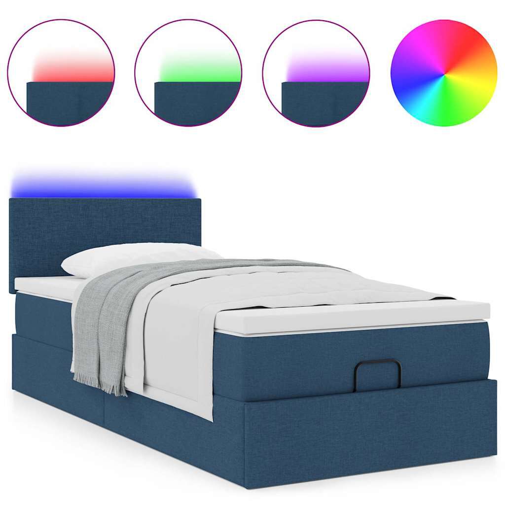 vidaXL Οθωμανικό κρεβάτι με στρώμα & LEDs Μπλε 100x200 cm Ύφασμα