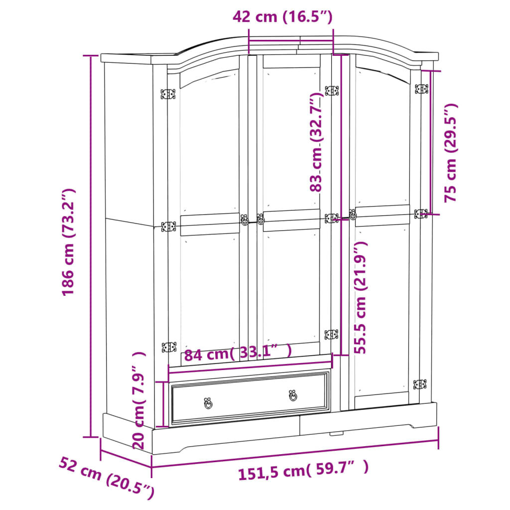 vidaXL Ντουλάπα Corona 151,5x52x186 εκ. από Μασίφ Ξύλο Πεύκου
