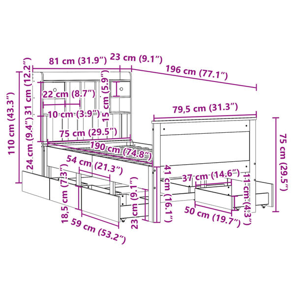 vidaXL Κρεβάτι Βιβλιοθήκη Χωρίς Στρώμα Λευκό 75x190 εκ Μασίφ Πεύκο
