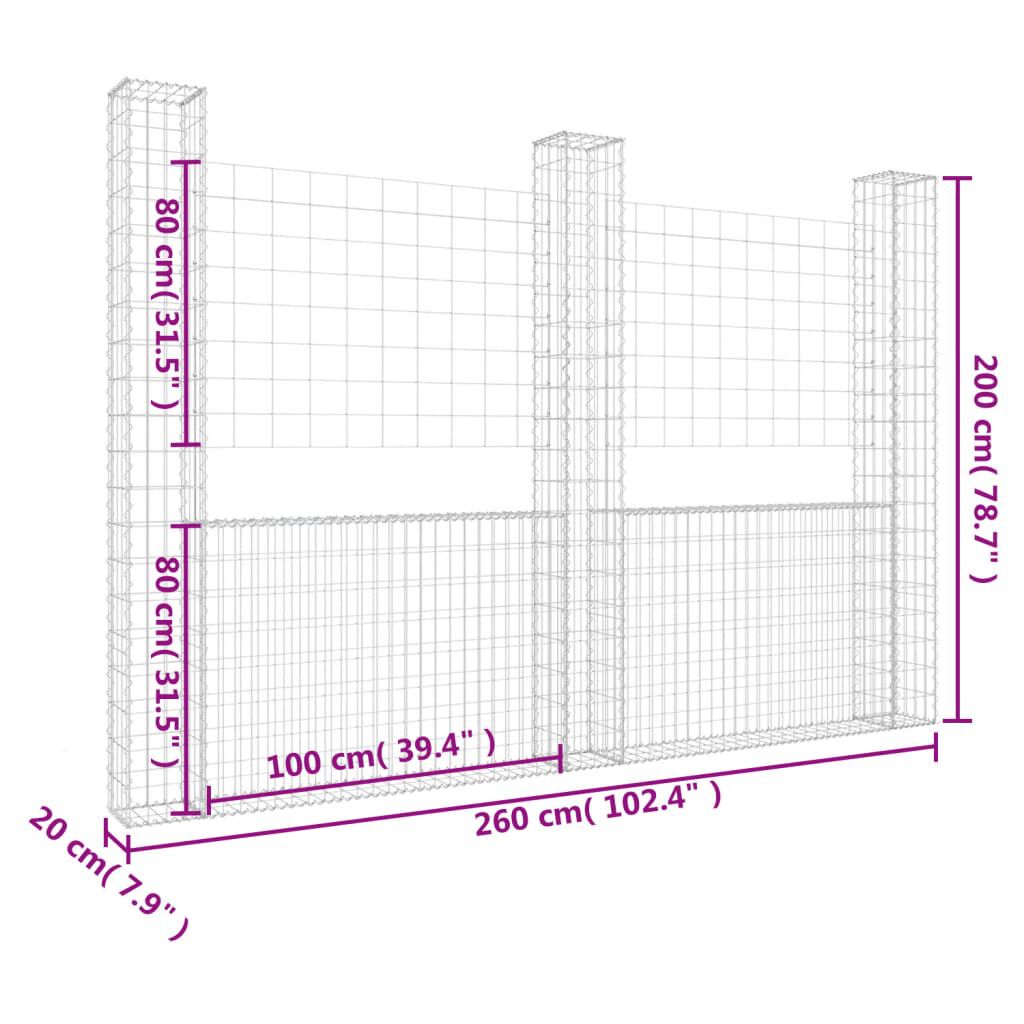 vidaXL Συρματοκιβώτια σε U Σχήμα με 3 Στύλους 260x20x200 εκ Σιδερένιο