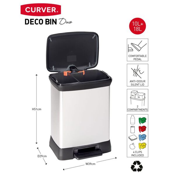 Curver Κάδος Απορριμάτων Διπλός με Πεντάλ Deco Ασημί 10 + 18 Λίτρων