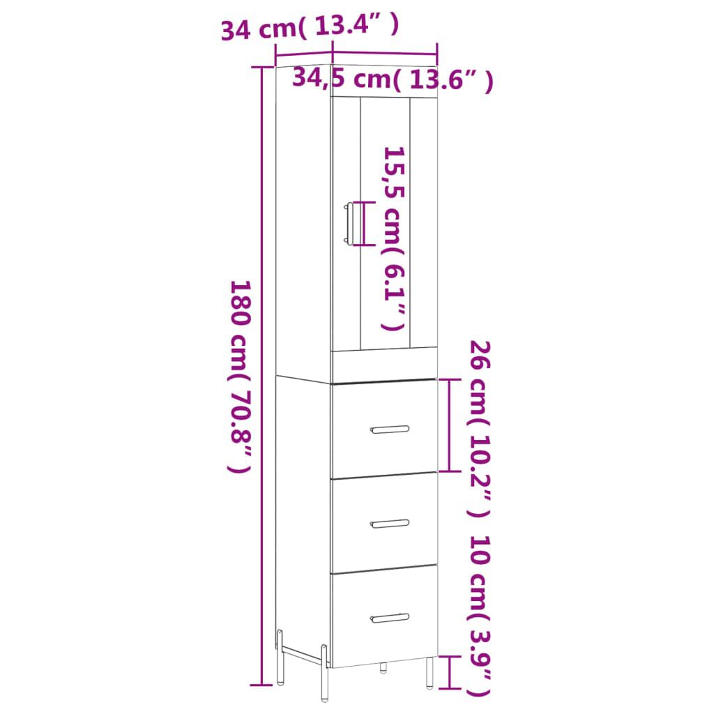 vidaXL Ντουλάπι Γυαλ. Λευκό 34,5 x 34 x 180 εκ. από Επεξεργασμένο Ξύλο