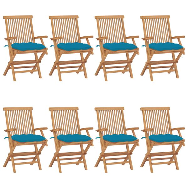 vidaXL Καρέκλες Κήπου 8 τεμ. από Μασίφ Ξύλο Teak με Γαλάζια Μαξιλάρια