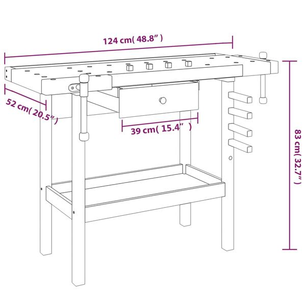 vidaXL Πάγκος Εργ. Συρτάρι/ Μέγγενες 124x52x83 εκ. Μασίφ Ξύλο Ακακίας